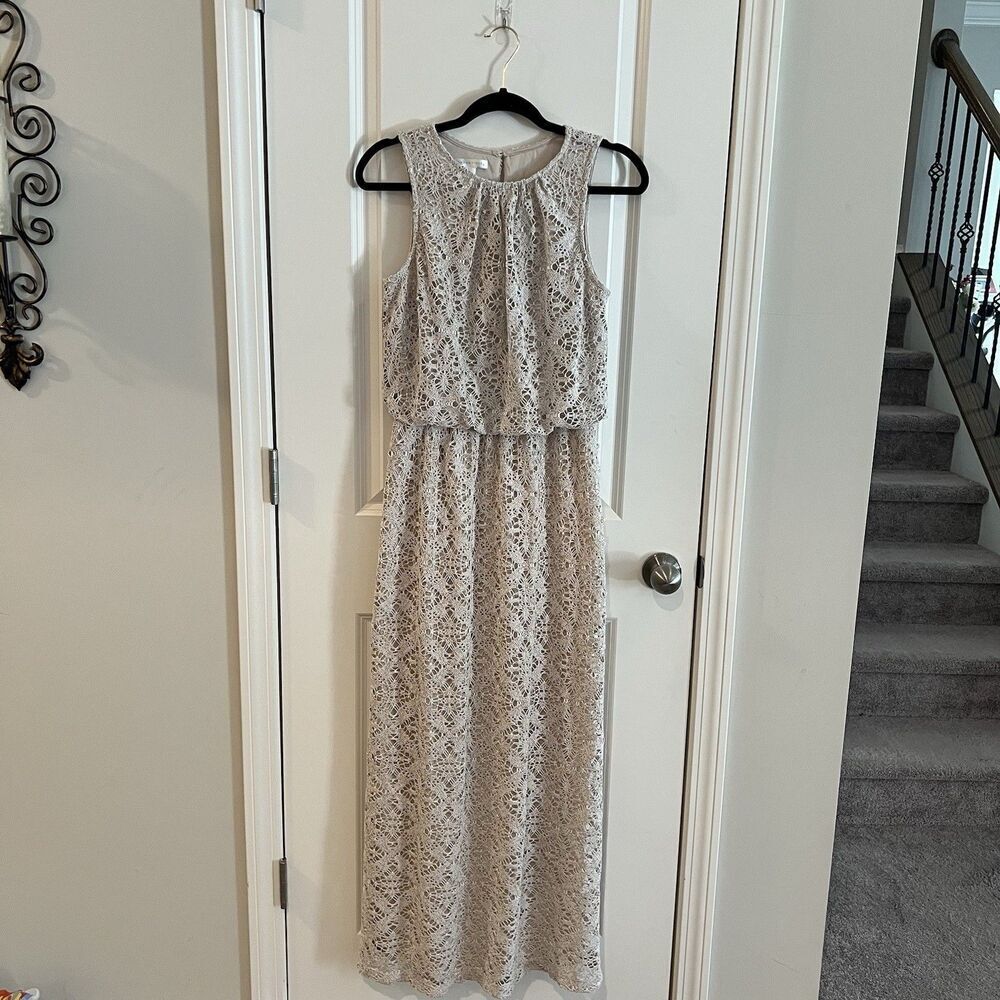 London Times Peplum Dress Sz 6 Crochet Lace Overlay